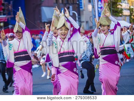 Tokyo - Aug 26 : Participants In The Awa Odori Festival In Tokyo, Japan On August 26 2018. Awa Odori