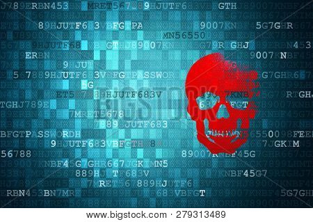 Scull On Blue Digital Background. Security Concepts.