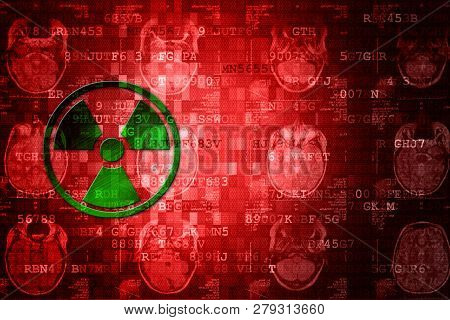 Green Pixelated Radiation Icon On Red Digital Background With Copy Space. Science Concept.