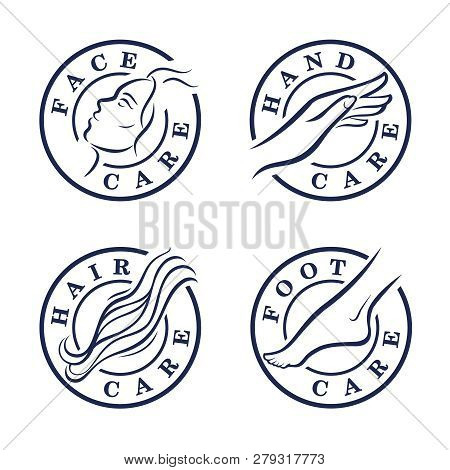 Cosmetic Icons Or Stamps. Logo Template. Different Parts Of A Body - Face, Hand, Hair, Foot. Vector 