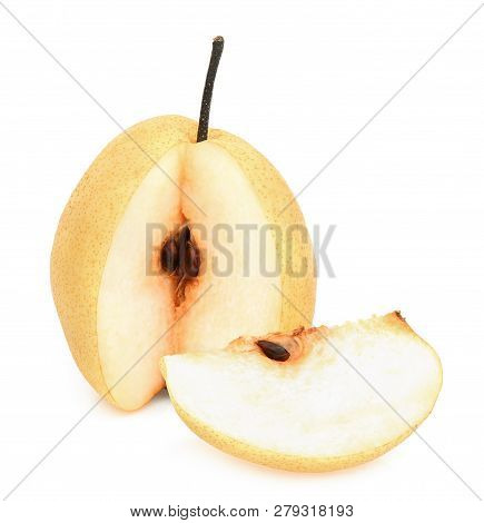 Whole And Slices Of Chinese Pear Isolated On White Background