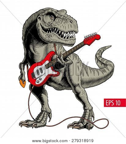 Dinosaur Playing Electric Guitar. Tyrannosaurus Or T. Rex. Comic Style Vector Illustration.