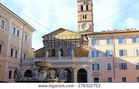 Basilica Di Santa Maria In Trastevere Ain Trastevere At Sunset, Rome, Italy. Trastevere Is Rione Of 
