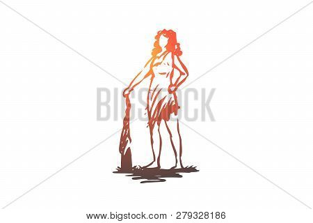Primitive, Woman, Ancient, Baton Concept. Hand Drawn Primitive Woman With A Baton Concept Sketch. Is