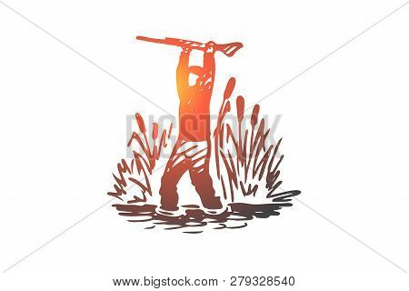 Hunting, Sneaking, Rifle, Sport, Weapon Concept. Hand Drawn Hunter Sneaks Through The Reeds Concept 