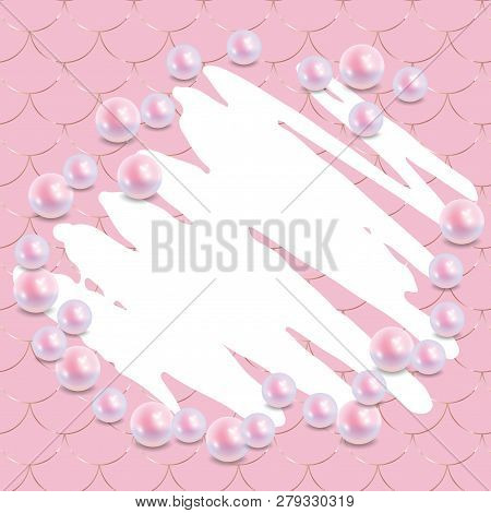 A Pencil Stroke White With Pearls Pink And Gold Fish Scale Motif On Pink Background.