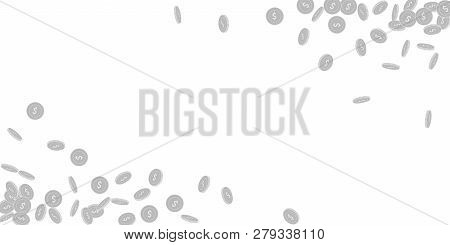 American Dollar Coins Falling. Scattered Black And White Usd Small Coins. Jackpot Or Success Concept