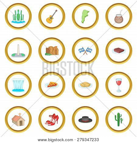 Argentina Travel Icons Circle Gold In Cartoon Style Isolate On White Background Illustration
