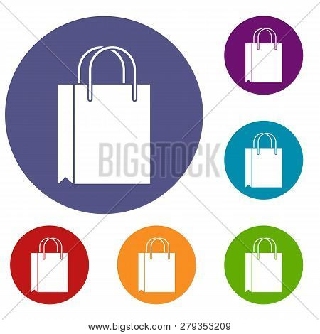 Shopping Bag Icons Set In Flat Circle Reb, Blue And Green Color For Web