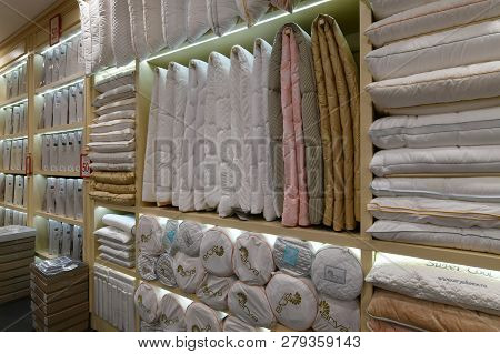 Moscow, Russia - January 18. 2019. Blankets And Pillows In The Turkish Arya Home Store