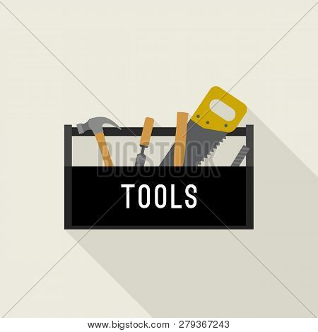 Tools Box In Flat Style. Black Box With Hand Tools.