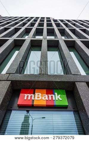 Poznan, Poland - November 16, 2018: Mbank Bank Sign On The Baltyk Office Building On The Roosevelta 
