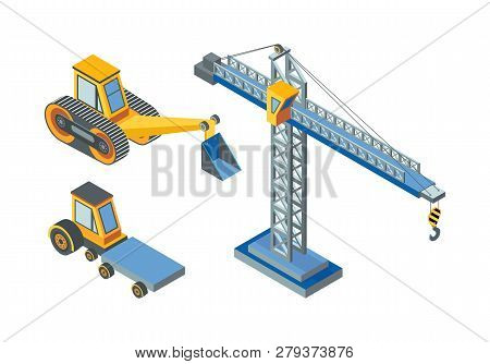 Excavator And Construction Machinery, Lifting Crane Isolated Icons Vector. Machines With Shovel And 