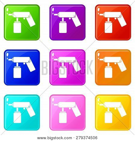 Spray Aerosol Can Bottle With A Nozzle Icons Of 9 Color Set Isolated Illustration