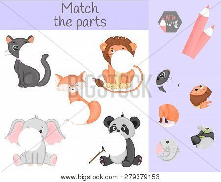 Compliance With Childrens Educational Game. Match Animal Parts. Find The Missing Puzzles