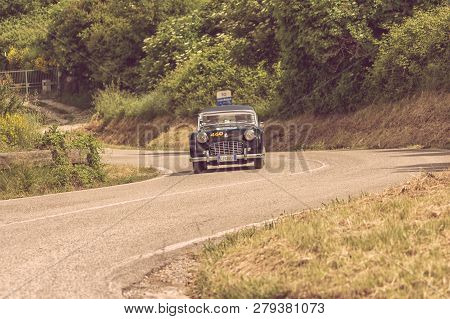 Pesaro Colle San Bartolo , Italy - May 17 - 2018 : Triumph Tr 3 Sports 1957 On An Old Racing Car In 
