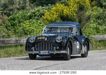 Pesaro Colle San Bartolo , Italy - May 17 - 2018 : Triumph Tr 3 Sports 1957 On An Old Racing Car In 