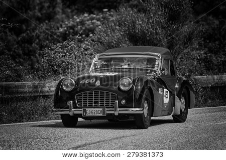 Pesaro Colle San Bartolo , Italy - May 17 - 2018 : Triumph Tr 3 Sports 1957 On An Old Racing Car In 