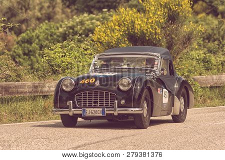 Pesaro Colle San Bartolo , Italy - May 17 - 2018 : Triumph Tr 3 Sports 1957 On An Old Racing Car In 