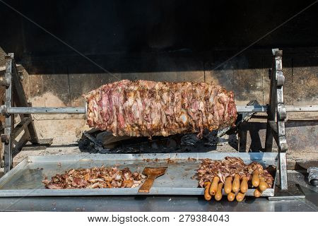 Turkish Cag Kebab On Pole In Horizontal Position