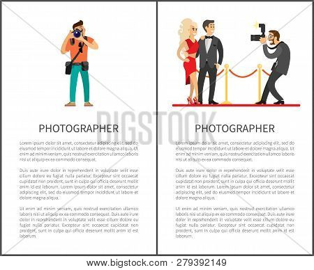 Paparazzi Taking Photo Of Celebrities Couple On Red Carpet. Movie Stars Or Singers And Photographer 