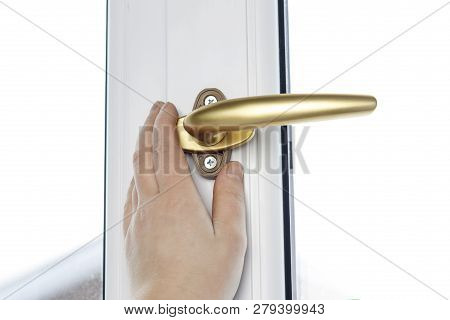 Gold Pen. Fasten The Window Handle Screw To The Pvc Window