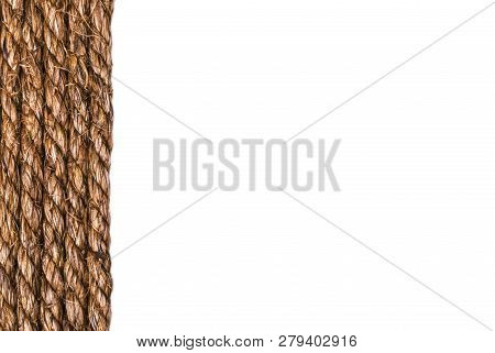 Line Of A Twisted Decorational Linen Rope String Isolated On White Background. Empty Space. Copy Spa