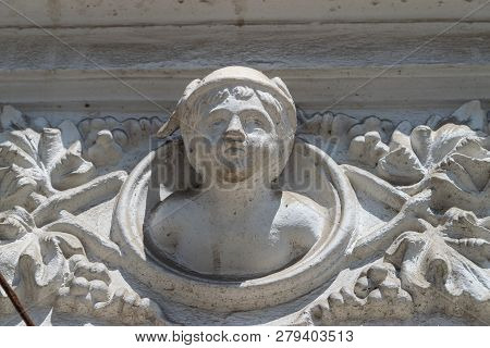 Close-up Detail Of A Statue From A Medieval Housse In Sibiu, Romania.