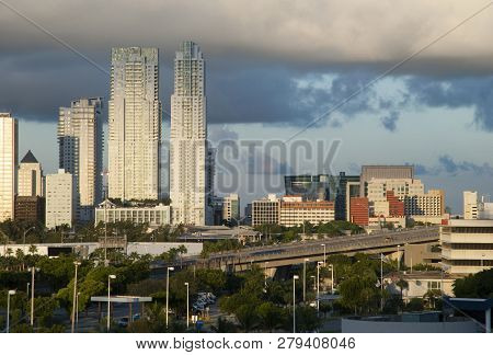 Colorful Clouds Over Miami Downtown Skyline In A First Morning Light (florida).