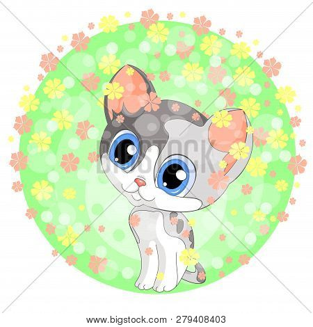 Gray Kitten Green Spring Background Illustration Vector