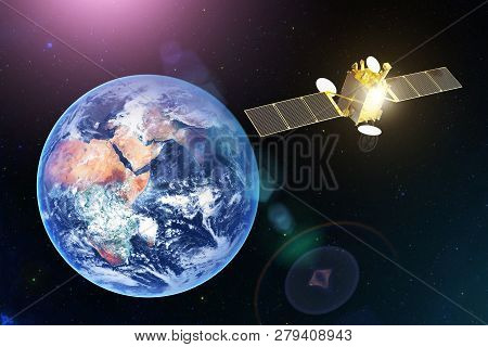 Space Satellite Communications Satellite In Geostationary Orbit Of Planet Earth. Elements Of This Im