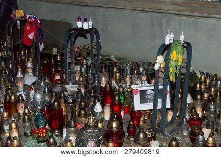 Gdansk, Poland - January 19, 2019: Candles At Night In Old Town Of Gdansk After Pawel Adamowicz Fune