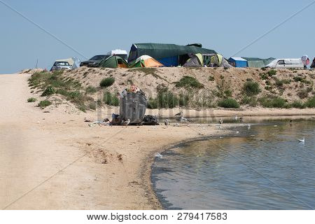 Uncleaned Territory From The Back Of The Camping On The Coast Of The Arabat Spit In The Azov Sea. Au