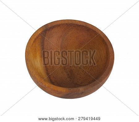 Empty Wooden Bowl, Isolated, Top View On White Background
