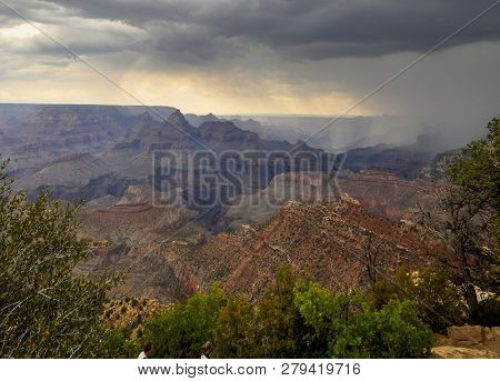 Rain Over Grand Canyon At Desert Tower