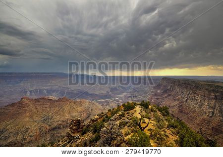 Rain Over Grand Canyon At Desert Tower