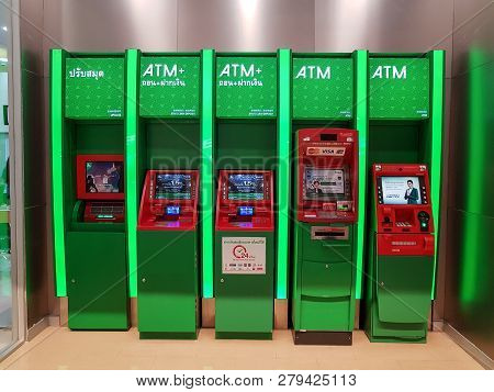 Chon Buri, Thailand - December 21, 2018: Exterior View Of Atm Machine. The Kasikornbank Public Compa