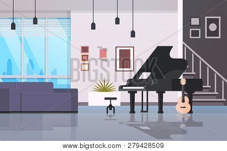 Contemporary Home Hall Musical Instruments Piano Guitar Empty House Room Modern Apartment Interior F