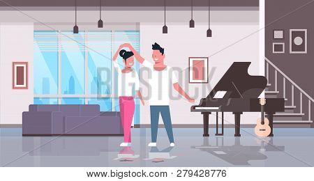 Couple Dancing Man Woman Happy Lovers Home Hall Musical Instruments Piano Guitar Modern Apartment In