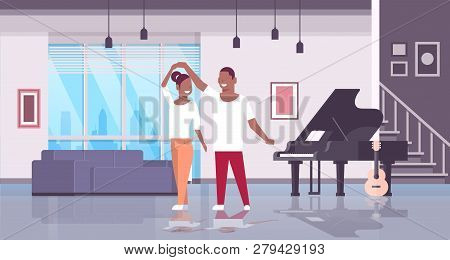 Couple Dancing Man Woman Happy Lovers Home Hall Musical Instruments Piano Guitar Modern Apartment In