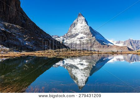 Matterhorn Mountain View From Riffelsee Lake, Locate Between Gornergrat Train Station, On High Mount