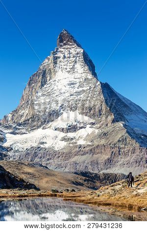 Matterhorn Mountain View From Riffelsee Lake, Locate Between Gornergrat Train Station, On High Mount