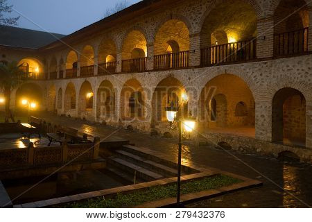 Sheki, Azerbaijan - January 02, 2018: January Evening In The Courtyard Of The Ancient Caravan-serai