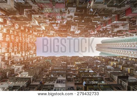 Bottom View Crowded Hong Kong Apartment Cityscape Background