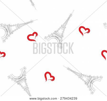 Vector Illustration Of Eiffel Tower Seamless Background With Hearts.