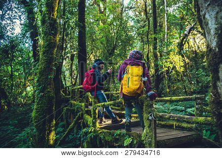 Couples Traveling, Relax In Winter.enjoy Hiking Walking Travel To Study Nature In The Rainforest. At