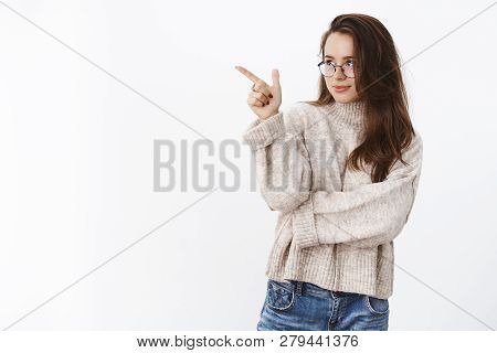 Girl Having Goal Pointing And Aiming It. Portrait Of Determined Smart And Attractive Charming Brunet