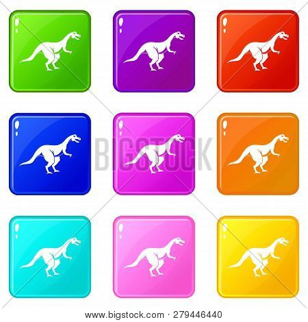 Theropod Dinosaur Icons Of 9 Color Set Isolated Illustration