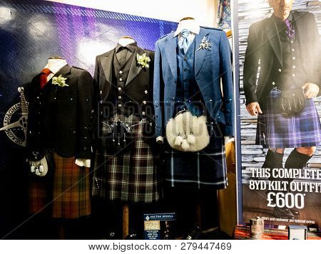 Oban, Scotland - October 07, 2018: Traditional Scottish Kilt And Jacket With Other Gifts And Accesso