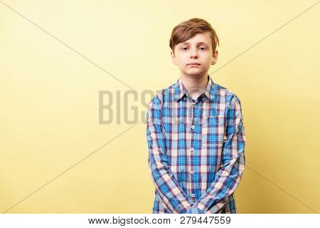 Exhaustion, Prostration, Fatigue. Tired Boy Over Yellow Background, Banner Or Poster Template, Emoti